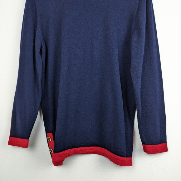 Vintage Jaeger Navy Blue W/ Red Trim Wool Sweater - Picture 3 of 11
